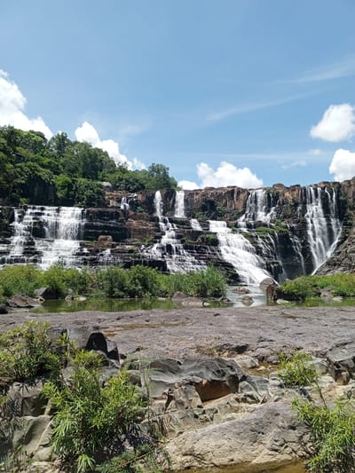 This is a photograph of the Pongour Waterfall, located in the Tân Phú district of the Lâm Đồng province, Vietnam. The waterfall cascades down a wide, tiered rock formation, with multiple streams of white water flowing over dark, layered rock. Lush green vegetation covers the top of the rock formation and lines the lower slopes and the pool at the base of the waterfall. The water in the pool is a murky green, reflecting the surrounding foliage. In the foreground, large, grey rocks with rough textures are visible, with some small green plants growing between them. The sky above is a clear blue with scattered white, fluffy clouds. The overall scene is one of natural beauty and a powerful display of water flowing over rock.