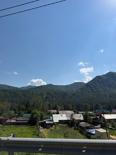 The image shows a rural village nestled at the foot of a densely forested mountain range under a clear blue sky. The village consists of several small, traditional wooden houses with colorful roofs, some appearing well-maintained and others showing signs of age and disrepair. In the foreground, a metal guardrail suggests the vantage point is from a road or elevated walkway. The landscape is characterized by lush green fields, vegetable patches, and scattered trees. The mountains in the background are covered in a thick carpet of green conifers, indicating a natural, undeveloped environment. The overall scene evokes a sense of peaceful, rustic living in a remote location. This is likely the village of Ust-Muny, Russia, given the description.