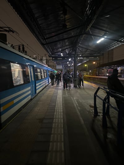 The image depicts a train station platform in Piñeyro, Argentina at night. Passengers are standing on the platform next to a blue and white train, waiting to board or disembark. The platform is illuminated by overhead lights. The station has a metal roof structure. Signage is visible, including the word "Salida" with a directional arrow. A building is visible in the background. Shadows are cast across the platform.