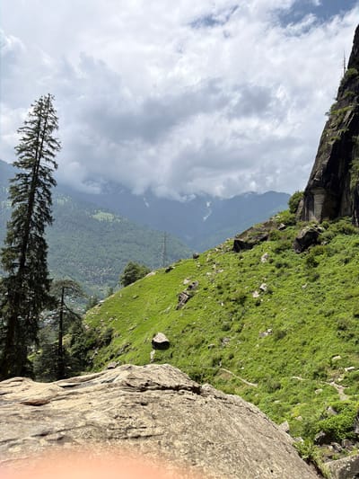 The image depicts a mountainous landscape with a steep, grassy slope dotted with rocks. A large, dark rock formation dominates the right side of the frame, while a tall, slender evergreen tree stands on the left. In the background, rolling hills covered in dense green forest recede into the distance, with a town visible in the valley. A cloudy sky with patches of blue stretches across the top of the image. The foreground is occupied by a large, textured rock. The overall scene suggests a natural, outdoor environment, likely a hiking trail or viewpoint in the vicinity of Bahang, India. There are no people or animals visible in the image.