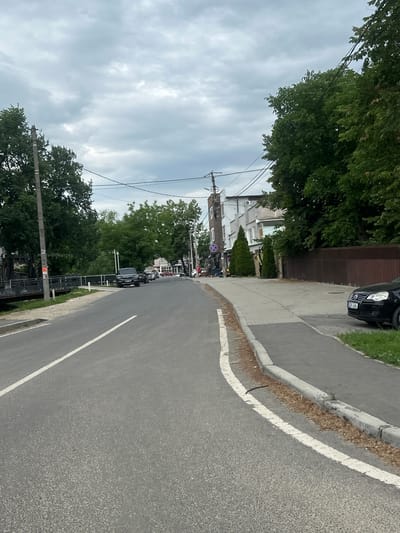 The image depicts a street scene in Strășeni, Moldova. The perspective is from a low angle, looking down a curved asphalt road with a white dashed line marking the lane. A concrete sidewalk runs alongside the road, bordered by a strip of dry grass and debris. On the sidewalk, a black car is parked, with its license plate visible as "BZJ 046". Further down the street, several other vehicles are parked, and a few people can be seen. Trees line the opposite side of the road, with their green foliage creating a canopy. Behind the trees, buildings with white and grey facades are visible. A wooden fence and a metal railing also run along the side of the road. The sky is overcast with heavy clouds, suggesting a cloudy or potentially rainy day. A utility pole with wires is present in the foreground. The overall impression is that of a residential or commercial street in a town on an overcast day. There is a red and white circular sign with a diagonal red bar, which is a prohibition sign, on a pole near the parked cars.