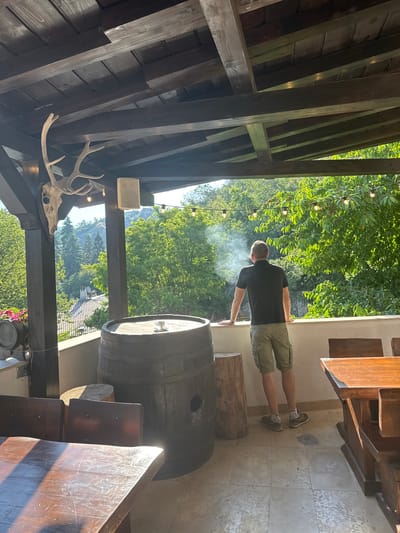 This image captures an outdoor, covered terrace or balcony in Melnik, Bulgaria, offering a panoramic view of a densely forested valley. The perspective is from inside the covered area looking outward.

In the foreground, a dark wooden ceiling structure with exposed beams is visible, supported by heavy wooden pillars. Mounted on a pillar to the left is a deer skull with prominent antlers. A white rectangular speaker is affixed nearby. String lights with spherical bulbs are strung horizontally across the upper portion of the outward view.

The terrace floor is paved with light-colored, irregularly shaped tiles. Rustic wooden furniture includes multiple heavy wooden tables with accompanying benches, one partially visible in the bottom left and another on the right. Strong sunlight creates distinct shadows and bright highlights on these surfaces. Two large, dark wooden wine barrels serve as stand-up tables; the one on the left has red flowers in a pot, while the central barrel displays a small white espresso cup and saucer on its lid. A rough-hewn wooden log serves as a small stand or stool adjacent to the central barrel.

An adult male, seen from behind, is standing at the white balcony railing in the midground, leaning with his forearms on it and gazing out at the scenery. He wears a black short-sleeved polo shirt, olive green cargo shorts, white socks with a "Puma" logo visible on the right ankle, and grey sneakers.

The background reveals an extensive landscape of vibrant green trees, consistent with a forested valley. Scattered among the trees are several red-tiled rooftops of distant houses. A distinct plume of light grey smoke rises from within the trees on the left side of the frame, suggesting a fire or other activity in the distance. The sky above is bright and clear, indicating a sunny day.