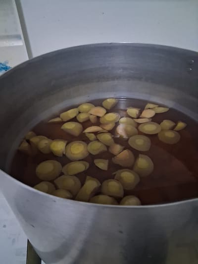 The image shows a top-down view of a large, silver pot filled with liquid and numerous sliced pieces of ginger. The ginger pieces are light yellow and appear to be roughly cylindrical or oval in shape, some showing the circular cross-section of the root. They are submerged in a reddish-brown liquid, likely water or a broth, indicating a cooking or steeping process.
The pot itself is made of aluminum and shows some signs of use, with subtle scratches and variations in its metallic sheen. The interior of the pot, where the liquid and ginger are, has a darker, more subdued tone compared to the exterior. The background is out of focus, but hints of a light-colored, possibly tiled surface and a white wall can be discerned. A small amount of blue liquid or stain is visible in the bottom left corner of the image.
The lighting appears to be artificial, casting a soft glow on the contents of the pot. There are no people visible in the frame. The scene suggests a domestic or culinary setting, likely in a kitchen. The activity taking place is the preparation or cooking of ginger, possibly for tea, a medicinal remedy, or as an ingredient in a dish. The image does not provide any information about the time of day, weather, or specific emotions. There is no visible text in the image. The location context provided is Гүлдала, Kazakhstan, which adds a geographical reference to this culinary scene.