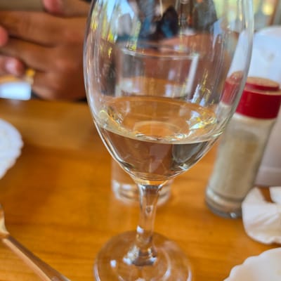 The image shows a close-up of a wine glass filled with a pale yellow liquid, likely white wine. The glass is set on a wooden table. In the background, to the right of the wine glass, is a condiment shaker with a red cap, and a white napkin. To the left of the wine glass, a person's hands are visible, one with a ring on the index finger. The setting appears to be an outdoor dining area, possibly in the city of Yundola, Bulgaria, given the presence of natural light and a relaxed atmosphere. The focus is on the wine glass, with the background elements blurred.