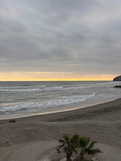 A wide shot captures a somber, cloudy beach scene at dusk in San Antonio, Peru. The sky is heavily overcast, with a faint band of pale yellow light breaking through near the horizon, indicating sunset. The ocean is a murky grey, with moderate waves breaking on the shore, leaving white foam trails on the dark sand. In the distance, a rocky outcropping juts into the sea on the right side of the frame. The foreground consists of sand dunes with a few scattered palm fronds from a small palm tree. Several small birds are visible on the wet sand near the water's edge. A paved walkway with a brick pattern is partially visible in the lower right quadrant of the image, with some seashells scattered on it. The overall impression is one of a quiet, somewhat desolate beach on an overcast evening.