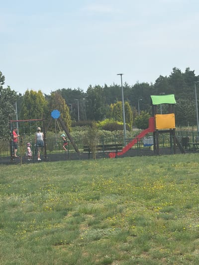 This image captures a playground scene in Polesie, Poland, under a bright, clear sky. In the foreground, a lush green grassy area is dotted with small yellow wildflowers. A black metal fence delineates the playground area from the grassy expanse.

Within the playground, a wooden swing set with a blue decorative piece at the apex is occupied by a child on a swing, wearing a red shirt and black shorts. To the left of the swing set, a climbing structure is present, with a man in a red t-shirt and black shorts standing near it. A woman in a white tank top and denim shorts stands beside him, facing the climbing structure. A small child in a pink dress and pink hat is positioned near the woman, facing away from the camera.

Further to the right, a brightly colored play structure features a red slide, a yellow panel, and a green roof. Below the slide, a spring rider with blue seats is visible. In the background, a line of trees forms a natural backdrop, with a few lampposts interspersed amongst them. The overall scene suggests a typical outdoor recreational area.