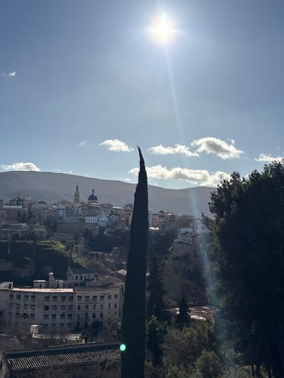 The image presents a panoramic landscape view of a town nestled within mountains under a bright, sunny sky. The photograph appears to be rotated 90 degrees clockwise; this description assumes an upright orientation.
The upper portion of the scene is dominated by a clear, brilliant blue sky. A radiant sun, casting a strong lens flare, is prominently positioned in the upper left quadrant. Several elongated, white cumulus clouds are scattered across the mid-sky.
A very tall, slender, dark green conifer-like tree, possibly a cypress, stands in the mid-ground, acting as a significant vertical element. Its sharp, pointed top reaches high into the sky, and its dark form contrasts with the bright surroundings.
Below and to the right of this tree, a compact town stretches across hills and valleys. The buildings are densely packed, displaying a variety of architectural styles, many with light-colored facades (whites, creams, and muted grays) and numerous red-tiled roofs. Notable structures include at least two buildings with prominent domes – one distinctly blue – and several church-like spires or towers that punctuate the skyline. The town appears to cascade down a hillside.
In the background, a range of hazy mountains extends across the horizon, appearing in softer shades of grey and muted green, indicating distance.
The immediate foreground on the right side reveals darker trees and foliage, suggesting the vantage point is from an elevated, possibly wooded area overlooking the town. A section of a building with a textured, tiled roof is also visible in the lower right corner. A distinct green circular light artifact, likely a lens flare or reflection, is noticeable on the right side of the image, near the bottom of the tall tree.
The image conveys a clear, bright day, likely late morning or early afternoon, with strong sunlight illuminating the entire scene. There is no specific activity or event taking place; it is a static landscape. No text is visible in the image.