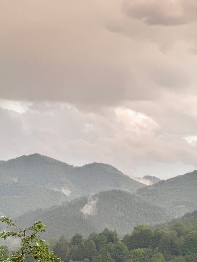 The image shows a landscape with mountains and a cloudy sky. The mountains are covered in dense green vegetation. The sky is filled with grey and white clouds, suggesting overcast conditions. The exact location in Zhaltusha, Bulgaria is not clear from the image.