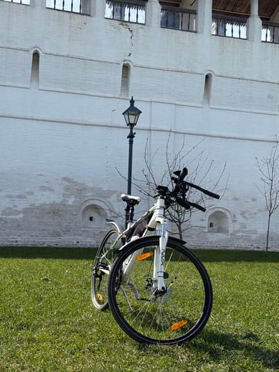 The image displays a serene outdoor scene featuring a bicycle parked on green grass next to a historic white brick building under bright sunlight. The time of day appears to be mid-morning or afternoon, indicated by the strong, distinct shadows cast on the grass.
The main subject is a light-colored (possibly white or light green) bicycle with black tires, handlebars, and a seat. It has orange reflectors on its wheels. Partially visible text on the bicycle frame includes "NVX," "VXA," "SA" or "ZS," and some numbers such as "69." The bicycle is positioned on a vibrant patch of green grass, which shows little activity, suggesting a peaceful, static moment.
Behind and to the left of the bicycle, a tall, black, vintage-style street lamp stands. The most prominent background element is a large, imposing white brick building, which dominates the left side of the frame. This building features characteristic historical architecture, including several vertically elongated arched niches or recesses in its facade. Some sections show windows with dark, decorative balustrades, suggesting upper floors or balconies with wooden accents. The white brickwork has a textured appearance and exhibits signs of age, such as weathering, some discoloration, and minor cracks in several places. Bare tree branches, indicative of early spring or late autumn, are visible against the white wall and partially obscure the bicycle's handlebars.
The overall scene suggests a tranquil setting, possibly within the grounds of a historical site or a park in Ново-Никольское, Russia.