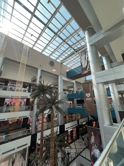 This image presents an upward and across view inside a multi-story modern shopping mall, likely located in Kafr Sousa Municipality, Syria, as indicated by the context. The dominant feature is a vast glass skylight that forms a significant portion of the ceiling on the left, allowing bright natural light to illuminate the interior and revealing a clear blue sky.
The mall's architecture is characterized by high ceilings, white and grey walls, and modern industrial elements like large, silver-colored air ducts and structural beams that run across the upper space. Multiple levels of retail stores are visible, with storefronts featuring mannequins and displays.
Decorative string lights, resembling fairy lights, hang suspended in horizontal strands across the open common areas, adding a festive ambiance. Two tall, indoor palm trees with mature trunks and green fronds are prominently placed on the lower levels, reaching upwards towards the higher floors.
Several banners hang from the upper levels. One notable brown banner clearly displays "EVA STORE" with a stylized logo and the web address "www.evastore.com". Other banners show images of people, likely models, advertising clothing or products. Visible store names include "GEOX" and "H&C Coton", with another partially visible sign reading "GIZZE".
A few people can be seen on different floors, engaged in typical shopping activities such as browsing in stores or walking through the mall. The bright light from the skylight indicates it is daytime. The overall scene depicts a clean, contemporary, and active commercial environment.