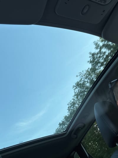 The image shows a view from inside a car, looking up at the sky through a sunroof. The sky is a light blue, with some faint wispy clouds. Trees are visible outside the car, blurred by motion, suggesting the car is moving. The interior of the car is dimly lit, with parts of the headliner and a sunroof control panel visible at the top. A headrest of a car seat is visible on the right side of the frame, and a person's head and shoulder wearing glasses can be seen in the upper right corner. The scene appears to be a drive through a tree-lined area, possibly in or near the city of Cojușna, Moldova.
