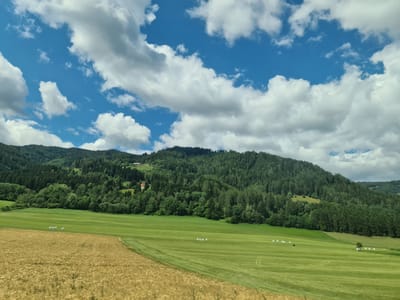 A wide-angle, eye-level, outdoor shot captures a serene landscape in St. Peter ob Judenburg, Austria. The scene is dominated by rolling green hills covered in lush forests, with a clear blue sky punctuated by scattered white clouds overhead. In the foreground, a field of golden-brown grain abuts a vibrant green pasture dotted with several white hay bales. A single orange-roofed building is visible nestled amongst the trees on the hillside, and farm machinery appears to be operating in the distance on the green field. The overall impression is one of natural beauty and rural tranquility.