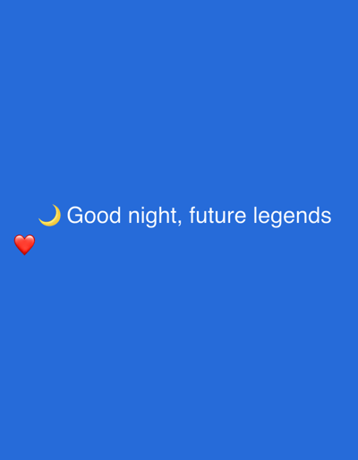 The image is a social media post on a blue background. It features white text that reads "Good night, future legends" and two emojis: a yellow crescent moon to the left of the text and a red heart below and to the left of the moon. There are no discernible people, actions, or interactions. The image does not provide any information about the city of Męcina, Poland.