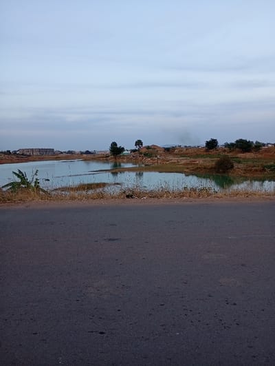 A flat, gray asphalt road dominates the foreground. Beyond it, a body of water reflects the cloudy sky above. The shoreline is overgrown with dry grass and vegetation. A few sparse trees and small buildings dot the horizon. Smoke rises in the distance. The overall scene is muted and lacks vivid colors.