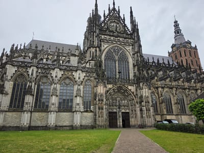 The image shows the exterior of St. John's Cathedral in 's-Hertogenbosch, Netherlands. The cathedral is a large Gothic structure with intricate stone carvings, arched windows, and spires. A bell tower with clocks is visible to the right of the main building. In the foreground, a brick pathway leads to the entrance of the cathedral, flanked by a well-maintained green lawn. Several vehicles, including a van and a car, are parked on the right side of the image, behind a hedge. A bicycle is leaning against a wall near the entrance. The sky is overcast, suggesting a cloudy day. There are no people visible in the image.