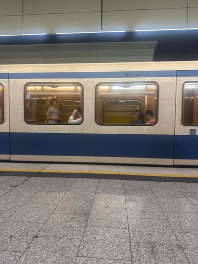 This is a medium-shot, eye-level photograph taken from a subway platform in Munich, Germany. The main subject is the side of a subway train with several windows, revealing passengers inside. The train is white with a blue stripe running horizontally along its side. The windows are illuminated from within, showing the interior of the train and the people.
In the first window from the left, a young man with dark, curly hair stands facing towards the right. He is wearing a light-colored polo shirt and appears to be holding a dark bag.
In the middle window, a person in a light-colored shirt is visible, with their arm raised behind their head. To their right, another individual wearing a hat is seated, facing the left. Next to them, a person wearing a pink shirt is also seated.
The subway station platform is visible in the foreground, composed of grey granite tiles. A yellow tactile paving strip runs along the edge of the platform. The background shows the ceiling of the subway station, with white tiled walls and fluorescent lighting. Some faint markings or graffiti are visible on the upper wall of the station.
