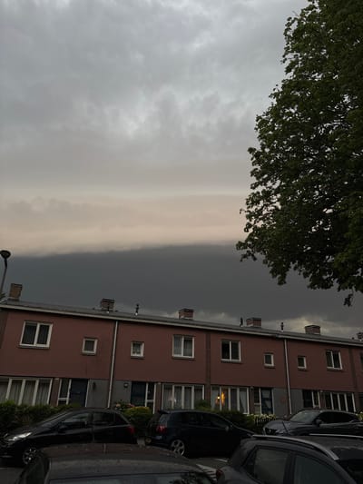 The image depicts a street scene in Rotterdam, Netherlands, under a dramatic, overcast sky. The foreground shows several parked cars, including a black Peugeot and a dark grey Volkswagen. Behind the cars are residential buildings with red-brick facades and white-framed windows. The sky is filled with dark, ominous clouds, with a lighter band of cloud visible on the horizon. A large tree with lush green foliage is prominent on the right side of the frame, its branches partially obscuring the sky. The lighting suggests it is either early morning or late evening, with a sense of impending weather change.