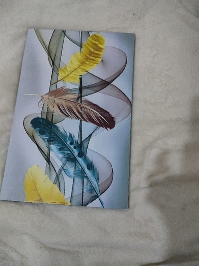 A rectangular piece of paper, displaying an abstract print of four feathers, rests diagonally on a light beige, textured fabric surface. The print features two yellow feathers, one brown feather, and one blue-green feather, arranged vertically and superimposed over swirling translucent dark grey ribbon-like elements against a light blue-grey background. The paper exhibits minor edge wear, particularly at the bottom right corner. No individuals or additional distinct objects are visible in the frame. The scene is situated in Juja ward, Kenya.