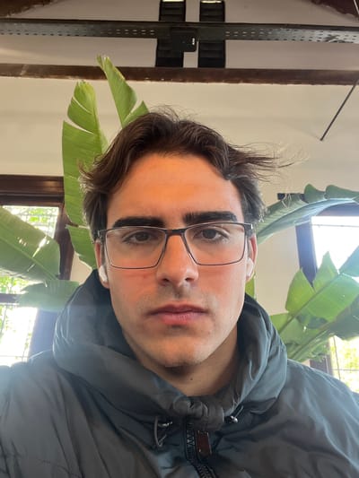 A medium-shot, indoor, slightly overexposed, vertically-oriented photograph shows a man with brown hair and glasses looking directly at the camera. He is wearing a dark-colored jacket, partially visible. Behind him are large green banana leaves and windows, suggesting a tropical indoor environment. The background also includes what appears to be a metal shelving unit or structure. Location cannot be determined from the image, but based on prompt constraints, we can say it could be in Avellaneda, Argentina.