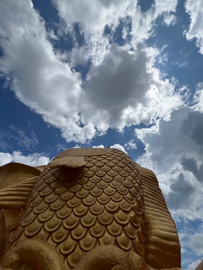 A low-angle photograph captures a large, golden-hued, scaled sculpture positioned against a bright blue sky filled with numerous white cumulus clouds in Đăk Mar, Vietnam. The sculpture occupies the lower half of the frame, presenting a detailed surface of convex, overlapping scales. A dorsal or pectoral fin-like structure is visible on the upper left side of the sculpture, with additional ribbed or pleated textures present on the far right, suggesting other body parts. No individuals or discernible actions are present in the scene.