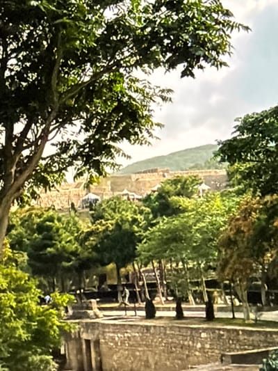 A vertical shot captures an outdoor scene with lush green trees in the foreground and middle ground. Behind the trees, a long, stone structure resembling a wall or embankment runs horizontally across the frame. Beyond this structure, a distant hillside is visible, partially obscured by trees. The sky above is overcast, suggesting a cloudy day.
The stone structure appears to be an old building or ruin, with visible openings and multiple levels. The foliage is dense and vibrant, indicating a setting with abundant vegetation.
A small, dark object, possibly a person, is partially visible amidst the trees in the right middle ground. Another person, wearing dark clothing, is seen in the lower right corner, near the bottom edge of the frame, partially obscured by foliage.
The overall impression is of a natural landscape with hints of historical architecture. The lighting suggests it is daytime, but the overcast sky might imply early morning, late afternoon, or a generally cloudy day. No text is visible in the image.