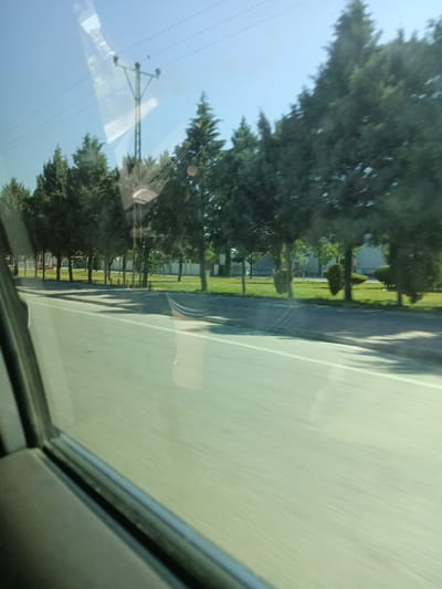 The image shows a view from inside a vehicle, looking out a window towards a street lined with trees. The sky is clear and blue. In the background, there is a power line pole with wires. The trees are tall and green, with some buildings and a fence visible behind them. The road in front of the vehicle is paved and has a white line marking. The lighting suggests it is daytime. The scene appears to be a suburban or semi-urban area. There are no people visible in the image. The image quality is somewhat blurred, indicating motion. Based on the context provided, this scene is located in the city of Karatay, Turkey.