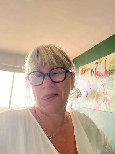 A middle-aged woman with short blonde hair and black-rimmed glasses is taking a selfie. She is wearing a white top and a delicate silver necklace with a small round pendant. Behind her, slightly out of focus, is a painting depicting pink flamingos. In the background, a window lets in bright light. The location is Palavas-les-Flots, France.