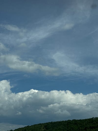 This is a vertical, low-angle photograph of a sky above a treeline in Novi Han, Bulgaria. The sky is a deep blue, with wispy white clouds scattered throughout. In the foreground, a dense green treeline forms a gentle slope. The clouds are illuminated by sunlight, creating a sense of depth and texture. The overall mood is peaceful and serene.