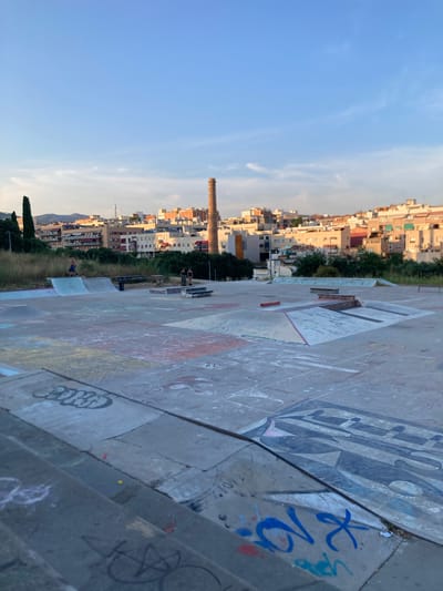This is a photograph taken from an elevated perspective, looking down upon a city skyline and a graffiti-covered concrete surface. The image is oriented sideways, with the city and sky occupying the left portion and the concrete surface filling the right. The city appears to be a densely populated area with numerous buildings of varying heights and colors, predominantly beige and white, with some darker accents. A tall, brick chimney stands out in the mid-ground of the city. Green trees line the edge of the city, separating it from the urban structures. The sky is a clear, pale blue with some wispy white clouds, suggesting it is daytime, likely late afternoon or early morning given the soft light.

The concrete area is textured and covered with a variety of graffiti. The graffiti ranges from large, bold lettering in dark colors, such as blues and blacks, to smaller tags and abstract designs. Some sections of the concrete appear to be part of a skate park or similar public space, with ramps and sloping surfaces visible.

There are a few people visible in the scene. In the distance, within the skate park area, two figures appear to be present near a ramp. Further along the skate park, a single figure in a blue shirt is visible near a ramp. The overall impression is of a public urban space with an active community. The lighting suggests a pleasant day, and the vibrant graffiti adds a dynamic element to the scene. No specific text that can be clearly read and transcribed is visible. The location is identified as Badalona, Spain.