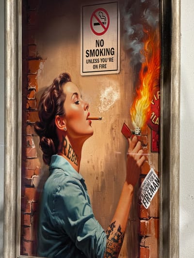 This image shows a framed artwork with a woman reclining and smoking a cigarette, lying on her back near a brick wall. The artwork includes a "No Smoking Unless You're on Fire" sign, a lighter with a large flame, and a sticker saying "Forget Prince Charming I'm Looking for a Fireman." She has "REBEL" tattooed on her neck and a sleeve tattoo on her right arm. There is no reference to Windermere, United Kingdom within the scene.
