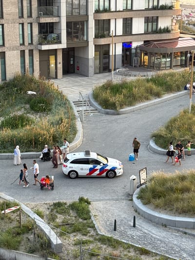 The image depicts a street scene in Scheveningen, a seaside resort in The Hague, Netherlands. A white police car with Dutch police markings and the national flag colors is parked on a paved area. Several pedestrians are present, including a person in a wheelchair being pushed by another individual, a family with children, and other groups walking around. The environment includes a building with multiple floors, grassy areas with wooden fence posts, sand, and a paved walkway. One person is standing near a blue cooler. A bird is flying in the upper left portion of the image. In the background, there is a glimpse of the beach and more people.