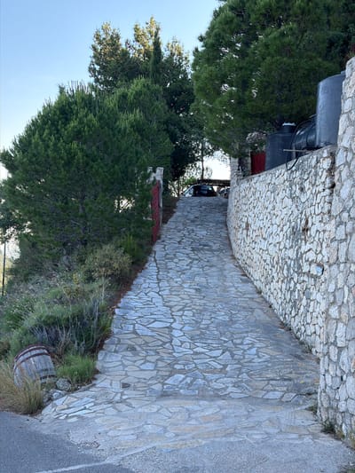 The image depicts a narrow cobblestone pathway flanked by a rough stone wall on one side and foliage with trees on the other. The pathway, made of irregularly shaped stones, leads uphill into the distance, where a vehicle is partially visible. The stone wall is constructed of similar cobblestones. A wooden barrel is positioned in the vegetation along the roadside. Based on the context of the Municipal Unit of Sfakiotes, Greece, the scene is likely a hillside path near a residential area. No people or interactions are visible.