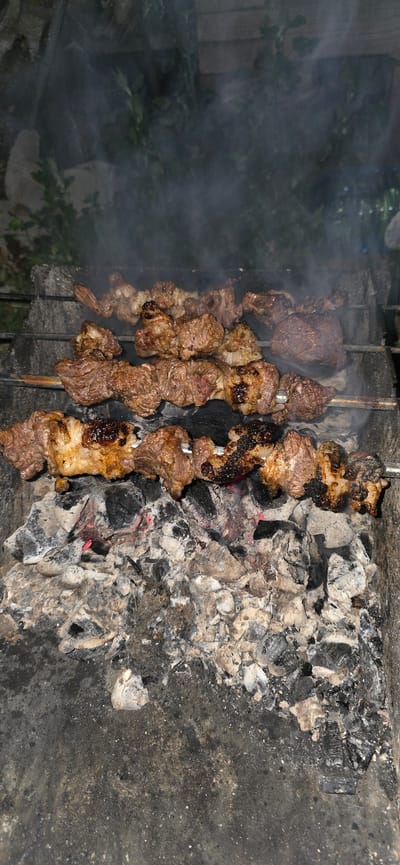 The image shows skewers of meat being grilled over hot coals in an outdoor setting. The scene appears to be a rustic barbecue, with the meat cooking on metal skewers held by a rudimentary grill. The meat is browned and appears to be slightly charred in places, indicating it is well into the cooking process. Smoke billows around the skewers, obscuring some of the background details, which suggest lush greenery and possibly a fence or wall.
The dominant subjects are the skewers of meat, which are arranged vertically and are the primary focus of the image. The grilling process itself is the activity taking place. Notable details include the texture of the grilled meat, the glowing red embers of the coals, and the surrounding ashes. The time of day is likely evening or nighttime, given the dim lighting and the prominence of the glowing coals. The location context of Karakol City, Kyrgyzstan, suggests a potentially cool climate where grilling might be a popular activity. There is no visible text in the image. The overall impression is one of preparing a hearty meal in a natural, unpretentious environment.