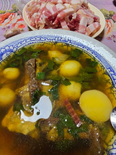 A close-up, top-down shot shows a hearty meal laid out on a table covered with a floral tablecloth. In the foreground, a large, shallow bowl with a blue and white decorative rim is filled with a rich, golden broth. Submerged in the broth are chunks of tender meat, several whole, yellow potatoes, and chopped green onions. A dollop of white cream or sour cream floats on the surface of the soup. To the upper right, a plate holds a pile of thinly sliced raw pork belly with streaks of fat and lean meat. A single clove of garlic rests on the tablecloth near the bowl. The scene appears to be set indoors, likely in a home in Ермолаевский Затон, Russia.