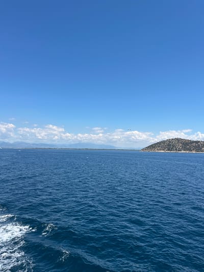 The image depicts a scenic view of the Aegean Sea under a clear blue sky, with a distant mountainous coastline. The foreground shows the rippling surface of the deep blue water, with a white wake trailing from the left, suggesting movement from a vessel. On the right, a tree-covered island rises from the sea, its slopes dotted with vegetation. Further in the distance, a long, low-lying coastline stretches across the horizon, backed by a range of hazy blue mountains. Several small white birds are visible in the sky and on the water. The location is consistent with the coastal areas of Thassos, Greece, characterized by its clear blue waters, islands, and mountainous interior.