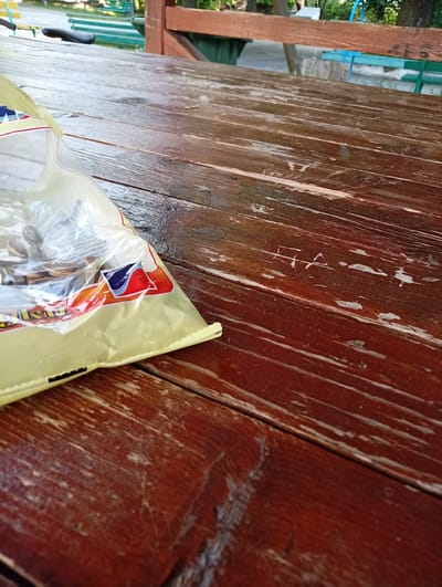 The image shows a portion of a brown wooden picnic table with a bag of sunflower seeds placed on its left side. The table has visible scratches and carvings on the wood surface. In the background, a blurred bench with blue accents and a wooden structure can be seen. The location is Gavrailovo, Bulgaria.