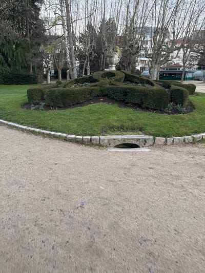 A gravel path occupies the right half of the image, edged with stone. To the left, a manicured garden features topiary bushes shaped into an undulating, hedge-like form. Grass and trees are visible in the background, with bare branches suggesting it's late autumn or early spring. A building with multiple windows can be seen in the distance beyond the trees. The composition is slightly rotated clockwise.