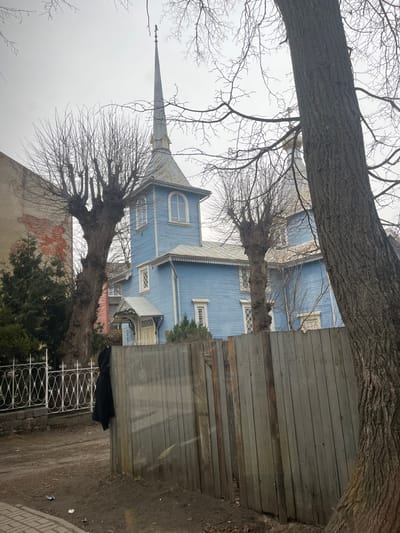 The image displays a light blue, multi-story wooden building with a prominent, slender steeple centrally located in the city of Liepaja, Latvia. The steeple culminates in an ornate finial and features an arched window below a decorative cornice. The building itself exhibits white-framed windows, some arched and some rectangular, and white decorative trim along its roof edges. A smaller, ornate dome is partially visible on the building's right side, behind the main steeple.
In the mid-ground, a weathered grey wooden plank fence runs horizontally, partially obscuring the lower section of the blue building and the intervening ground. A black garment, resembling a coat or jacket, hangs draped over the left section of this fence. To the left of the wooden fence, a white, ornate metal fence borders an unpaved, dirty area of ground. A small section of a grey paved sidewalk is visible in the bottom-left corner, with some litter present on the adjacent dirt.
The scene is dominated by multiple deciduous trees, all bare of leaves, suggesting a cold season. Two large, heavily pollarded trees with thick, gnarled trunks are prominent to the left of the blue building. A substantial tree trunk occupies the immediate right foreground, partially obscuring the view of the blue building and the sky. Bare branches from these and other trees crisscross the upper frame against an overcast, light grey sky. To the far left, behind one of the large pollarded trees, a partially visible, dilapidated building with patches of exposed red brick is discernible. No individuals or animals are present in the depicted scene.