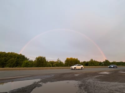 The image depicts a serene natural landscape with a prominent rainbow arcing across a pale sky. In the foreground, a two-lane asphalt road runs horizontally, with the right lane showing signs of wear and puddles of water reflecting the overcast sky. To the left of the road, a dense line of green trees forms a natural barrier, with a guardrail visible above them.
On the road, two cars are in motion. A white sedan is driving in the right lane, moving from left to right. Further down the road, a dark-colored sedan is traveling in the left lane, also from left to right, with its headlights illuminated.
The sky is a soft gradient of pale gray and pinkish hues, suggesting either early morning or late evening. The rainbow itself is a subtle arc of pastel colors, most visible in the upper half of the sky.
The location is Sovkhoznyi, Russia. The overall scene is calm and natural, with the road and cars indicating human presence within the broader natural environment.