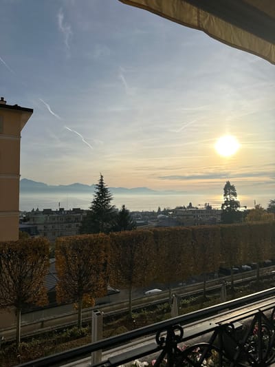 An elevated view captures the cityscape of Lausanne, Switzerland, overlooking Lake Geneva with mountains in the background under a clear sky. The sun, a bright circular orb, is positioned in the upper right quadrant, casting a warm glow and reflecting on the calm lake surface. Multiple thin contrails traverse the pale blue and yellow-orange gradient sky.

In the mid-ground, Lake Geneva stretches horizontally, partially obscured by a light haze, with a range of distant mountains, likely the French Alps, faintly visible beyond it. Below the lake level, a section of Lausanne's urban environment is visible, featuring multi-story buildings with various rooflines. A light-colored building with dark trim is partially seen on the far left.

A distinct horizontal row of uniformly manicured deciduous trees or hedges with autumnal golden-brown foliage forms a prominent line across the lower mid-ground. Behind this row, a paved area, possibly a road or pathway, is visible, with a light-colored vehicle discernable in the distance. Several evergreen trees, including one prominent conical tree, are interspersed throughout the scene.

The immediate foreground reveals a dark, ornate metal balcony railing with scrollwork in the lower right corner, indicating the elevated vantage point. The underside of a beige awning is visible along the top edge of the frame. No individuals are present in the scene.