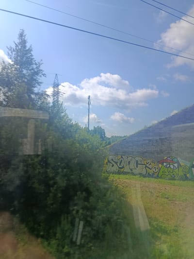 The image depicts a view from a moving vehicle, likely a train, looking out at a landscape under a bright, partly cloudy sky. In the foreground, out-of-focus foliage and a reflection on the window obscure some details. Dominating the scene is a sloping brick wall covered with colorful graffiti. The graffiti features large, stylized letters in yellow and black, and a green, cartoonish character with large eyes and an open mouth. Beyond the wall, a grassy embankment rises. In the distance, a large lattice-like power pylon stands against the sky, along with another, thinner telecommunication tower. The background consists of lush green trees and bushes, suggesting a semi-rural or suburban environment. The presence of power lines crossing the sky indicates a developed area. The overall impression is one of a journey passing through a landscape that blends natural elements with industrial and artistic urban features.