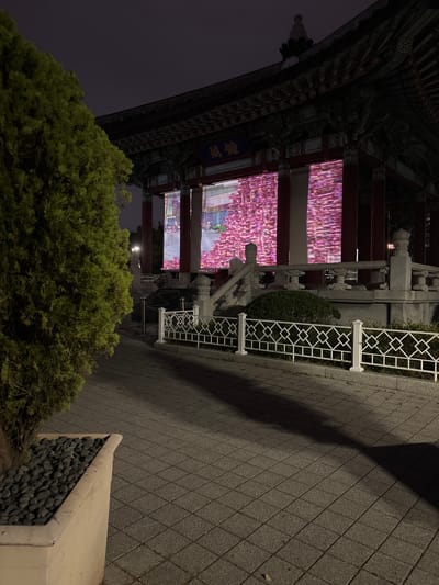 A nighttime, eye-level, medium shot captures a dimly lit plaza in front of a traditional Korean pavilion in Busan, South Korea. The pavilion, adorned with intricate carvings and a dark, tiled roof, features large screens displaying a vibrant, blurred animation of pink flowers. A large, bushy green tree occupies the left foreground, planted in a light-colored stone planter filled with dark pebbles. A white, decorative metal fence with a diamond pattern separates the paved plaza from a low, manicured bush and stone balustrades. The paved ground, composed of dark, square tiles, is partially covered by a long, distinct shadow cast by an unseen object. The overall ambiance is tranquil and mysterious.