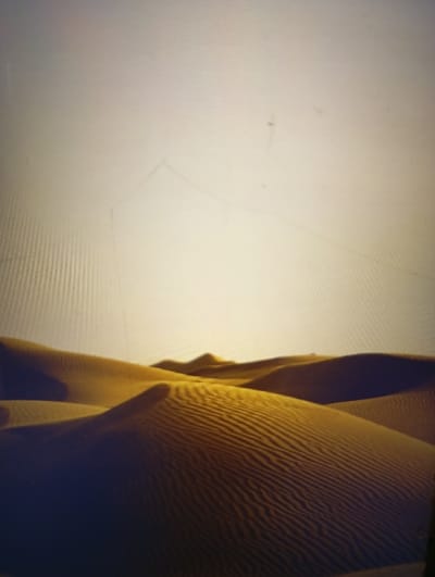 The image depicts a desert landscape at Reifild-Ist, Nigeria, dominated by multiple sand dunes under a clear, light-toned sky. The dunes exhibit varying heights and contours, with prominent ripple patterns on their surfaces, indicative of wind action. Areas exposed to direct light are illuminated with golden-orange hues, while shadowed slopes appear in deep brown and purple tones, suggesting a low sun angle. No individuals, animals, or man-made objects are present. The scene is static. Visible screen artifacts, including a pixel grid pattern and faint diagonal lines across the upper portion, indicate that this image is a photograph of a digital display.