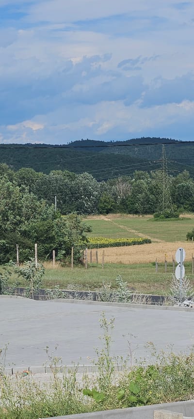 The image depicts a rural landscape in Cserszegtomaj, Hungary, under a cloudy sky. In the foreground, a paved surface, possibly a road or parking area, is visible, bordered by overgrown grass and weeds. Beyond this, a fence line made of wooden posts runs horizontally. A field with a crop of sunflowers is partially visible, adjacent to a field of dry, harvested grain. In the middle ground, a dense line of trees forms a natural barrier, behind which a tall electrical pylon stands prominently. Further in the background, rolling hills covered in dense, dark green forest stretch towards the horizon. The overall impression is one of a tranquil, agrarian setting.