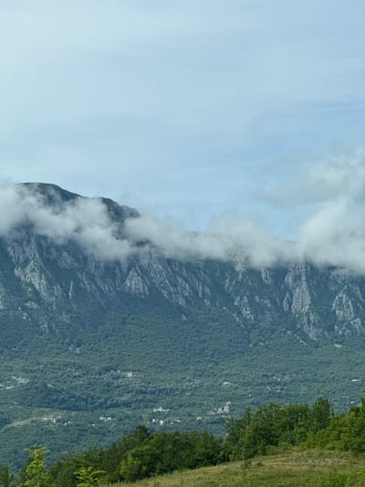 This image presents a vast and dramatic mountainous landscape in Sotonići, Montenegro, depicted as if viewed in landscape orientation (after a 90-degree counter-clockwise rotation from the provided original). The scene is dominated by a majestic mountain range that extends across the mid-ground and background. These mountains are heavily covered in dense, dark green foliage, indicative of extensive forests or woodlands, with patches of grey rock formations and rugged crags visible, particularly along the higher ridges.
A prominent feature is the presence of low-hanging clouds or fog, which partially obscure the mountain peaks and drift along their contours, creating a sense of depth and mystery. Above these clouds, the sky is a soft, light blue. In the foreground on the right, a vibrant green, grassy slope leads up to a line of darker green trees or shrubbery. Scattered throughout the forested mountain slopes, small, light-colored buildings (likely houses or small settlements) are visible, subtly integrated into the natural environment.
No people or specific activities are depicted. The lighting suggests it is daytime, possibly early morning or late afternoon, given the soft, diffused quality of light and the presence of atmospheric clouds. There is no visible text in the image. The overall impression is one of serene natural beauty and imposing grandeur.