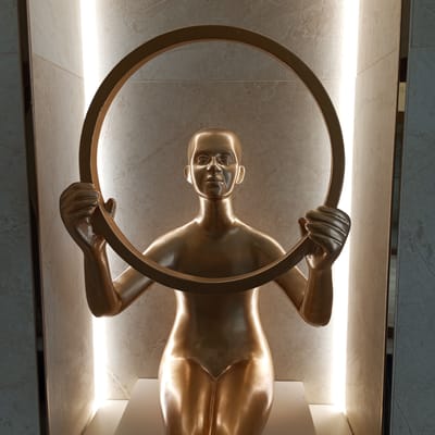 A golden statue of a humanoid figure, with arms bent and holding a large golden ring in front of its torso, is displayed against a backdrop of marbled walls and vertical LED lighting. The figure appears to be kneeling, with its body partially obscured by the ring. The statue has a simplified, stylized face and is made of a reflective material that casts a warm glow. The overall aesthetic suggests an artistic installation, possibly in a public space or gallery. There is no discernible connection to the city of Pervomaysky, Russia, in the provided image.