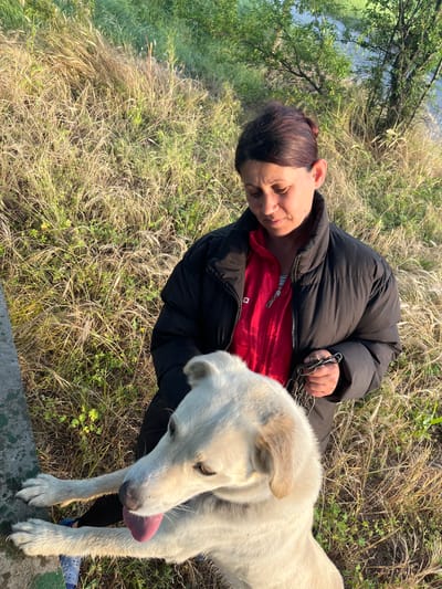 A woman in a black puffer jacket and red shirt stands in a grassy area in Lozarevo, Bulgaria, holding a chain leash attached to a large, light-colored dog. The dog is panting with its tongue out. The background shows grass, some trees, and what appears to be water in the distance.