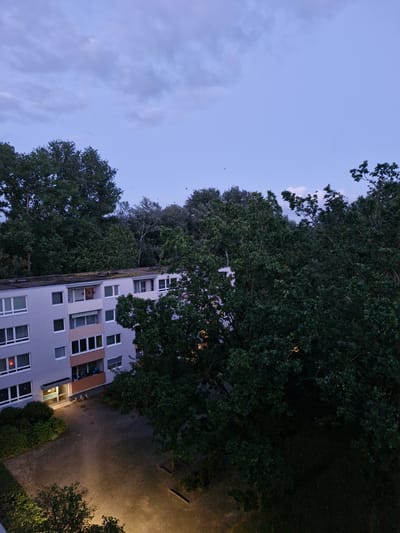 An exterior, elevated, medium shot captures a residential building in Bremen, Germany, at dusk. The building, rendered in light grey with white window frames and pinkish-beige accents around balconies and some windows, is partially obscured by dense, dark green foliage from surrounding trees. The sky above is a soft blue with wispy white clouds. Below the building, a courtyard paved with light-colored cobblestones is visible, illuminated by a warm yellow light from an overhead fixture. The courtyard is bordered by green hedges and shrubs. Small, dark figures, likely birds, are present in the sky.