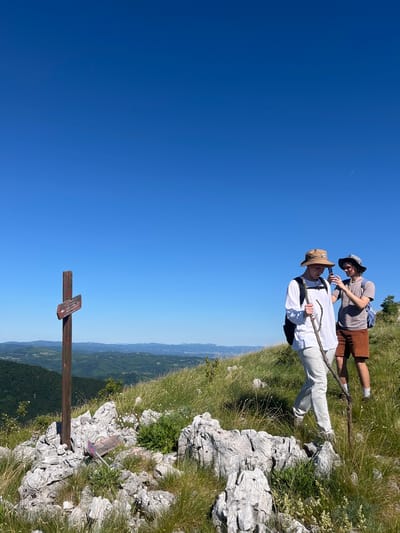 Two young males are hiking on a grassy, rocky hillside under a clear blue sky. The person in the foreground is wearing a white long-sleeved shirt, light grey pants, a light brown bucket hat, and a backpack. They are holding a long, thin branch as a walking stick. The person behind them is wearing a grey t-shirt, brown shorts, a patterned bucket hat, and a blue backpack. They are holding up a smartphone, seemingly taking a photo. A wooden signpost with two directional signs is to the left of the foreground hiker. The background shows rolling hills and a distant mountain range. This scene is captured in the vicinity of Petrovac-na-Mlavi Municipality, Serbia, suggesting a hiking trail or viewpoint in a mountainous or hilly terrain.