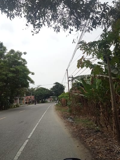 The image shows a paved road curving through a rural area, with vegetation lining both sides. On the left, there are houses with reddish-brown roofs and trees. A motorcycle is visible on the road in the distance. On the right side of the road, there are dense trees and banana plants, with power lines overhead supported by a utility pole. The sky is overcast. The scene appears to be a typical street in Aluekeujruen, Indonesia, a place known for its natural beauty and lush surroundings.